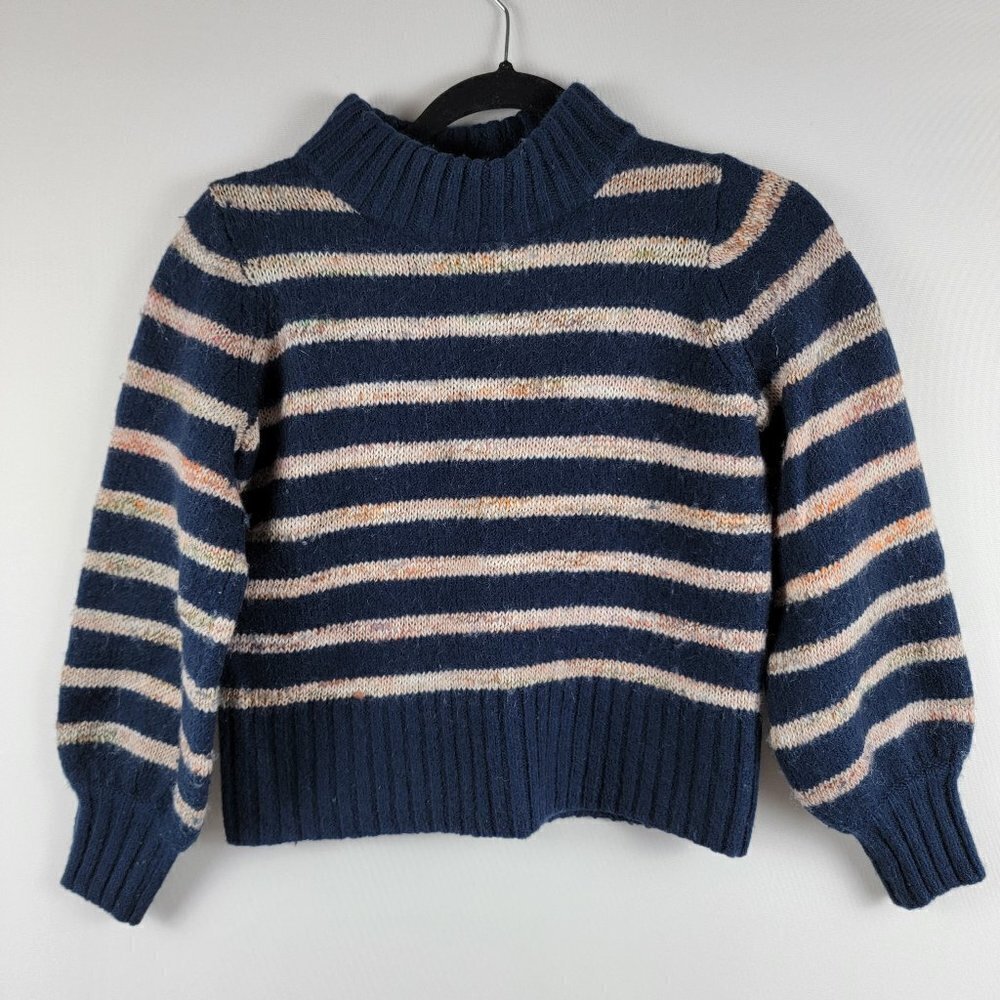 Madewell Sweater Women's S Blue Striped Long Sleeve Crewneck Cropped Wool Blend - Picture 1 of 7